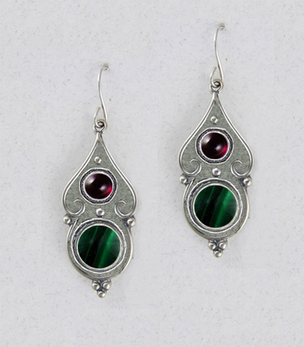 Sterling Silver Gothic Look With Malachite And Garnet Gemstone Drop Dangle Earrings